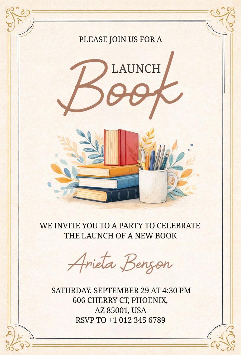 Charming Book Launch New Novel Celebration Invitation Template