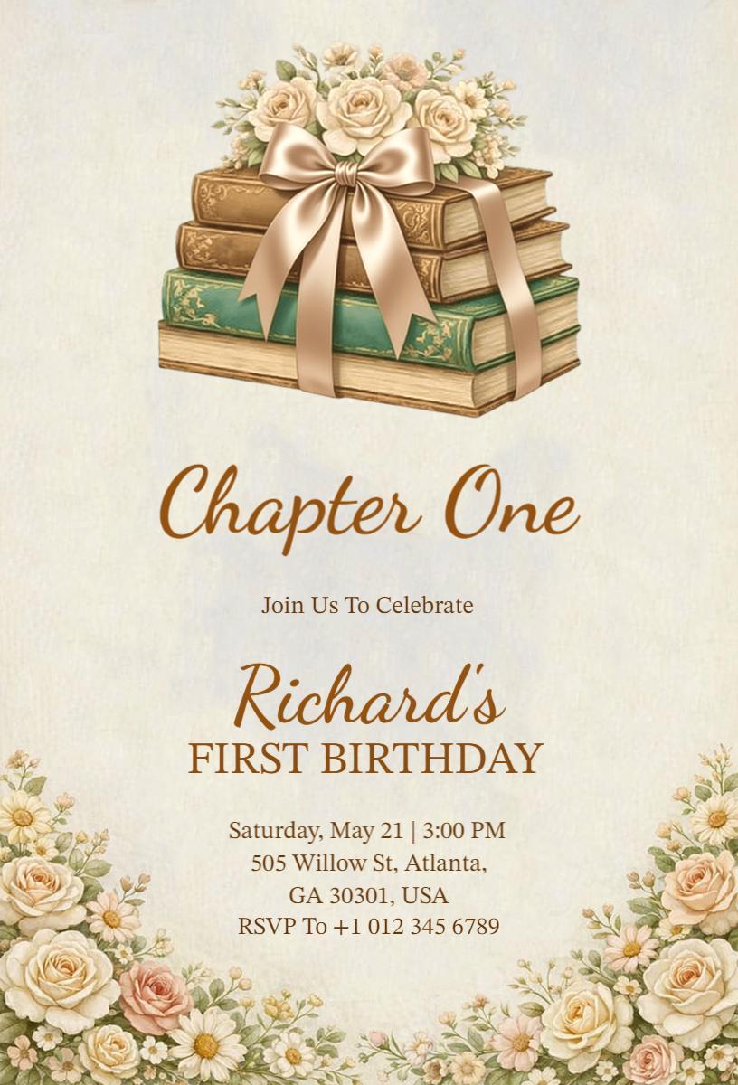 Charming Book Theme 1st Birthday Celebration Invitation Template
