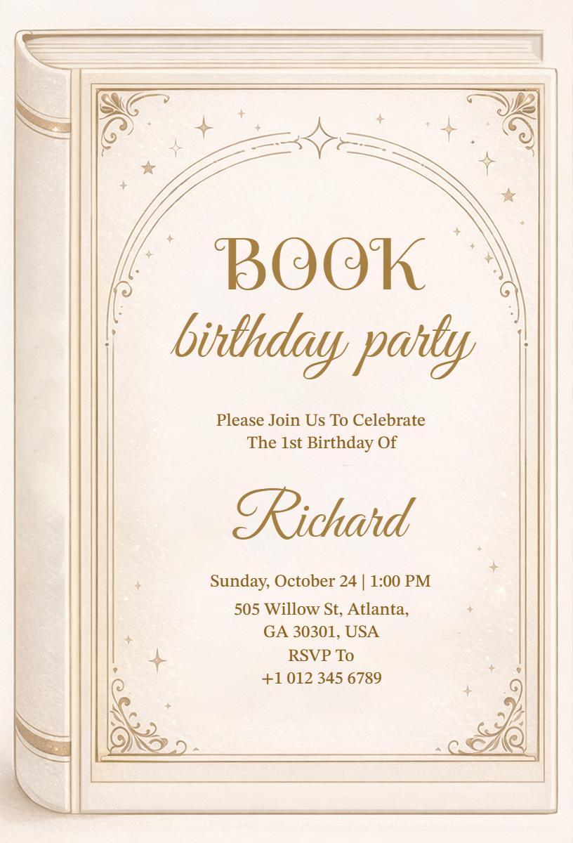 Charming Book-Themed 1st Birthday Celebration Invitation Template