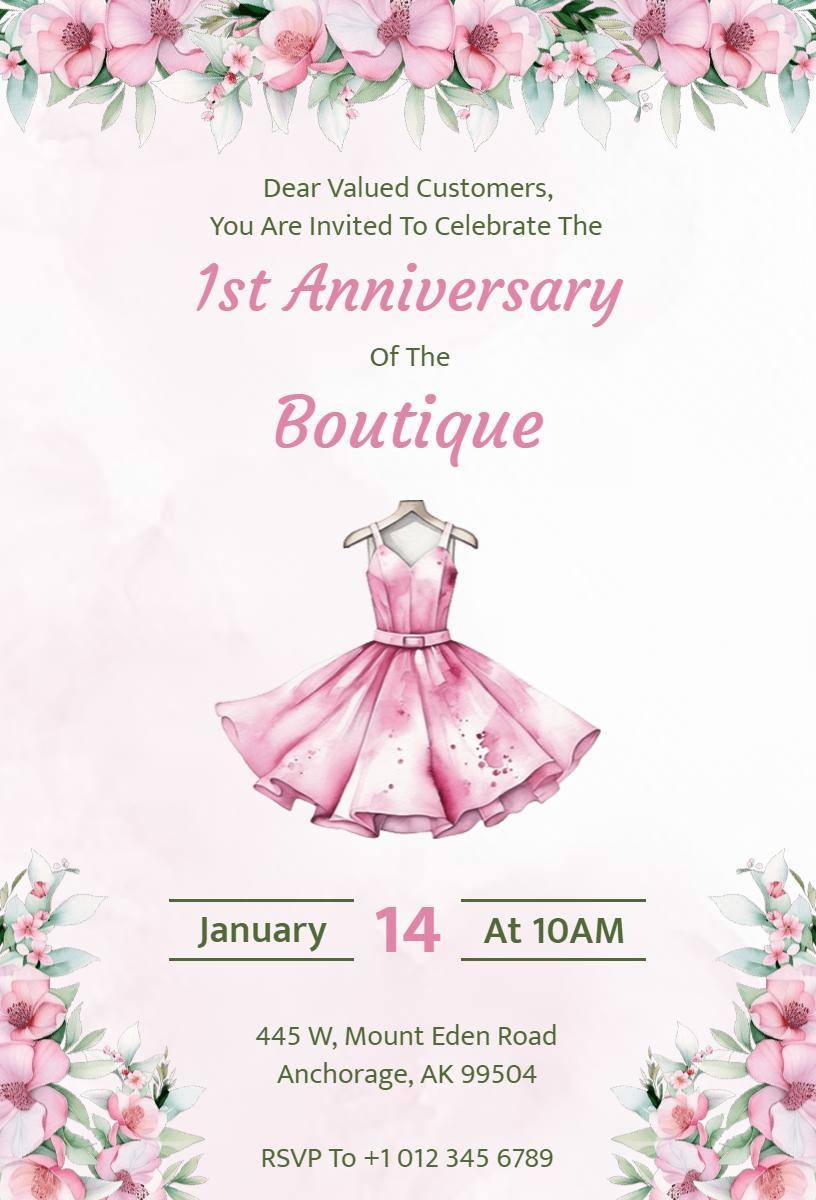 Charming Boutique First Anniversary Celebration Invitation Template