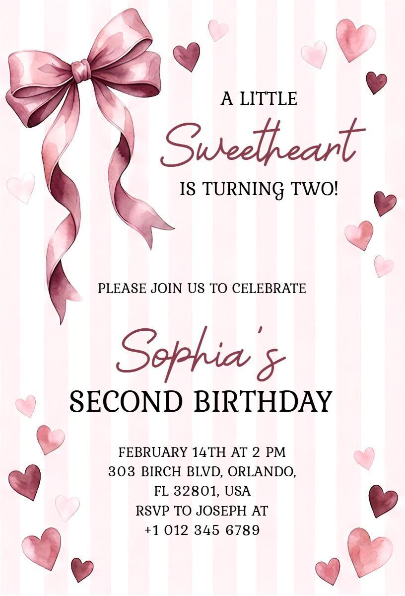 Charming Bow Sweetheart Second Birthday Invitation Template