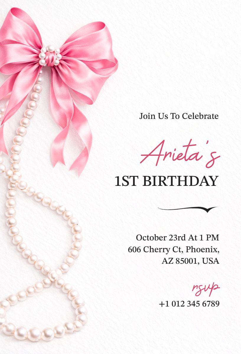 Charming Bow Theme 1st Birthday Celebration Invitation Template