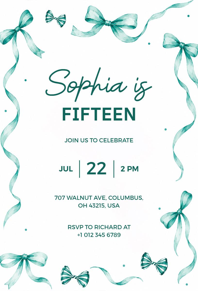 Charming Bow Theme Fifteen Birthday Celebration Invitation Template