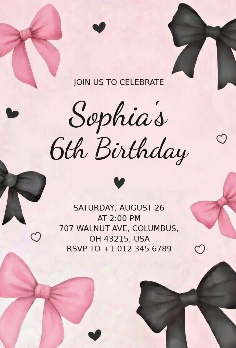 Charming Bow Themed Sixth Birthday Celebration Invitation Template