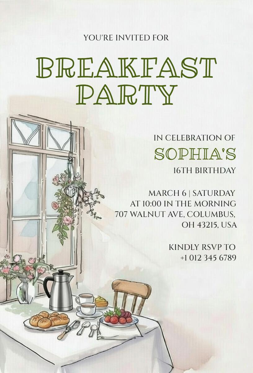 Charming Breakfast Celebration for Sophia's 16th Party Invitation Template