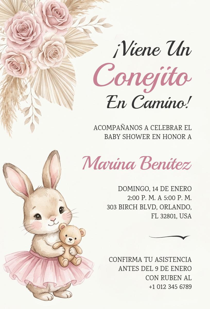 Charming Bunny Baby Shower Floral Celebration Invitation Template