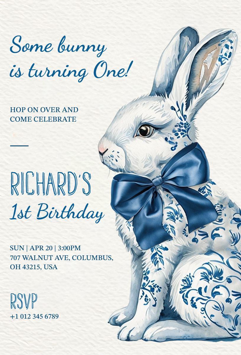 Charming Bunny Blue Floral One Year Birthday Invitation Template