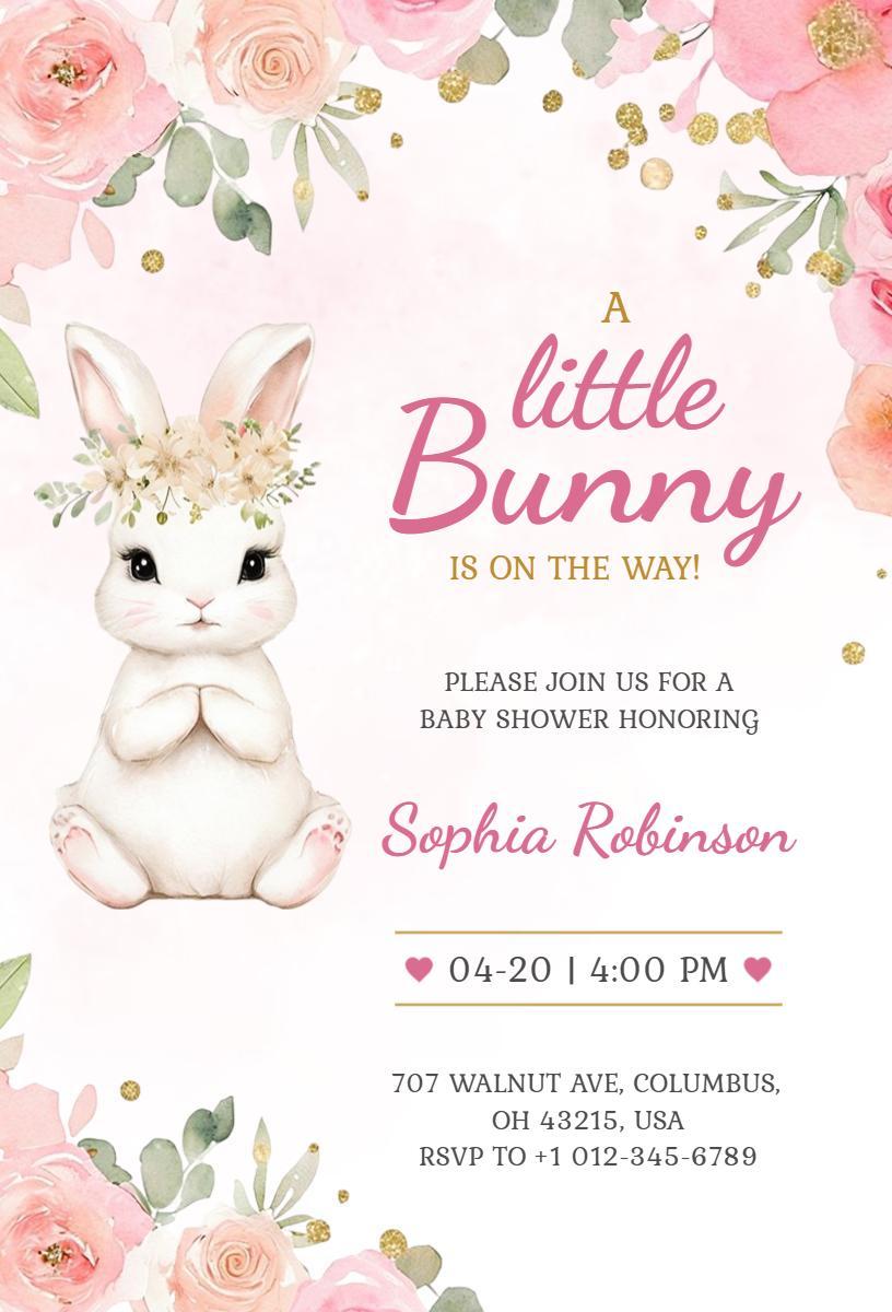 Charming Bunny Floral Baby Shower Celebration Invitation Template