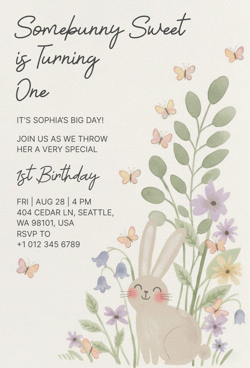 Charming Bunny Theme First Birthday Celebration Invitation Template