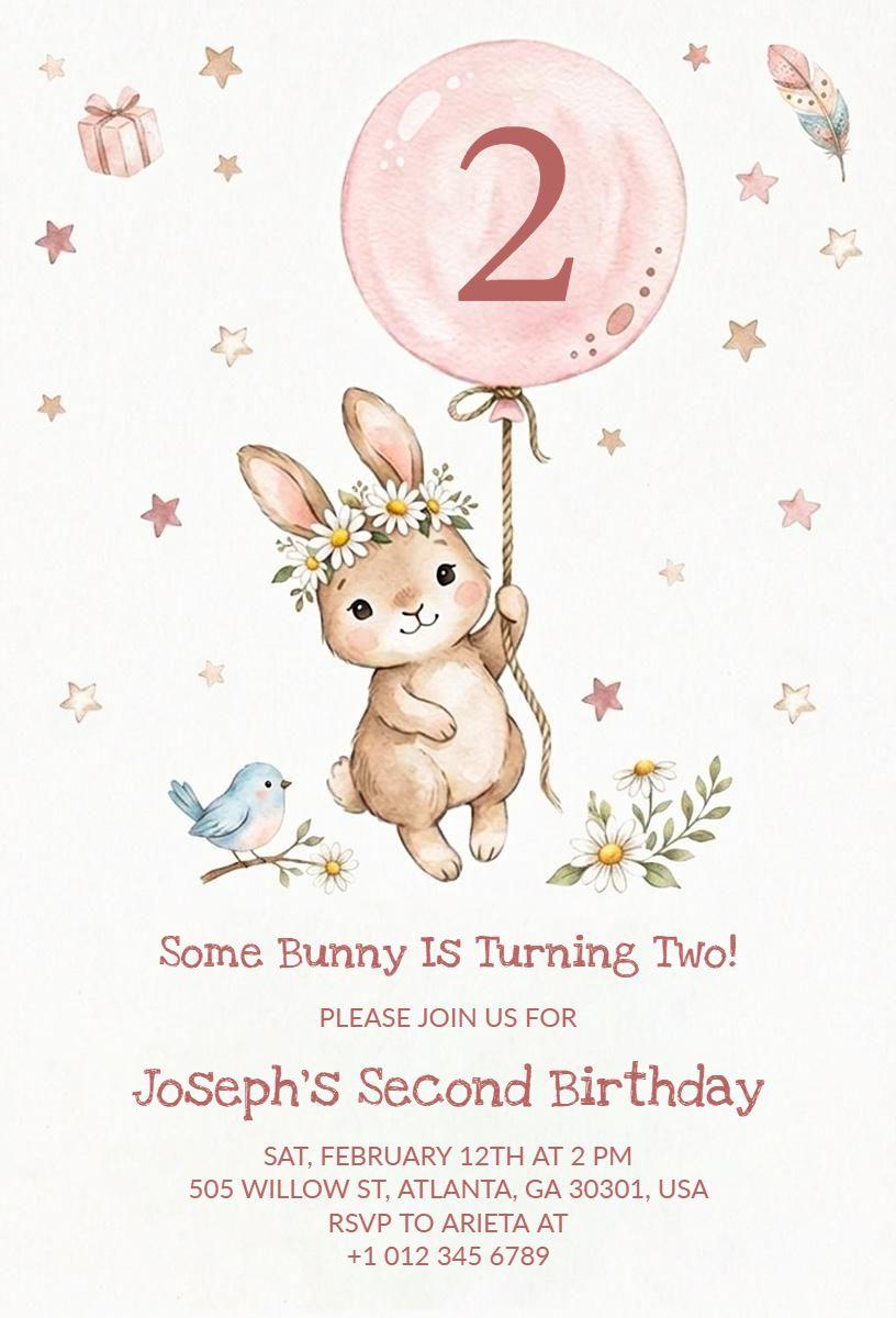 Charming Bunny Theme Second Birthday Celebration Invitation Template