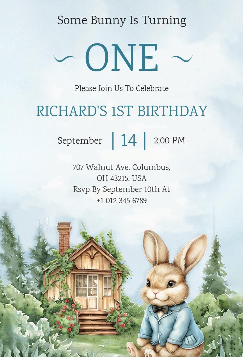Charming Bunny Themed First Birthday Celebration Invitation Template