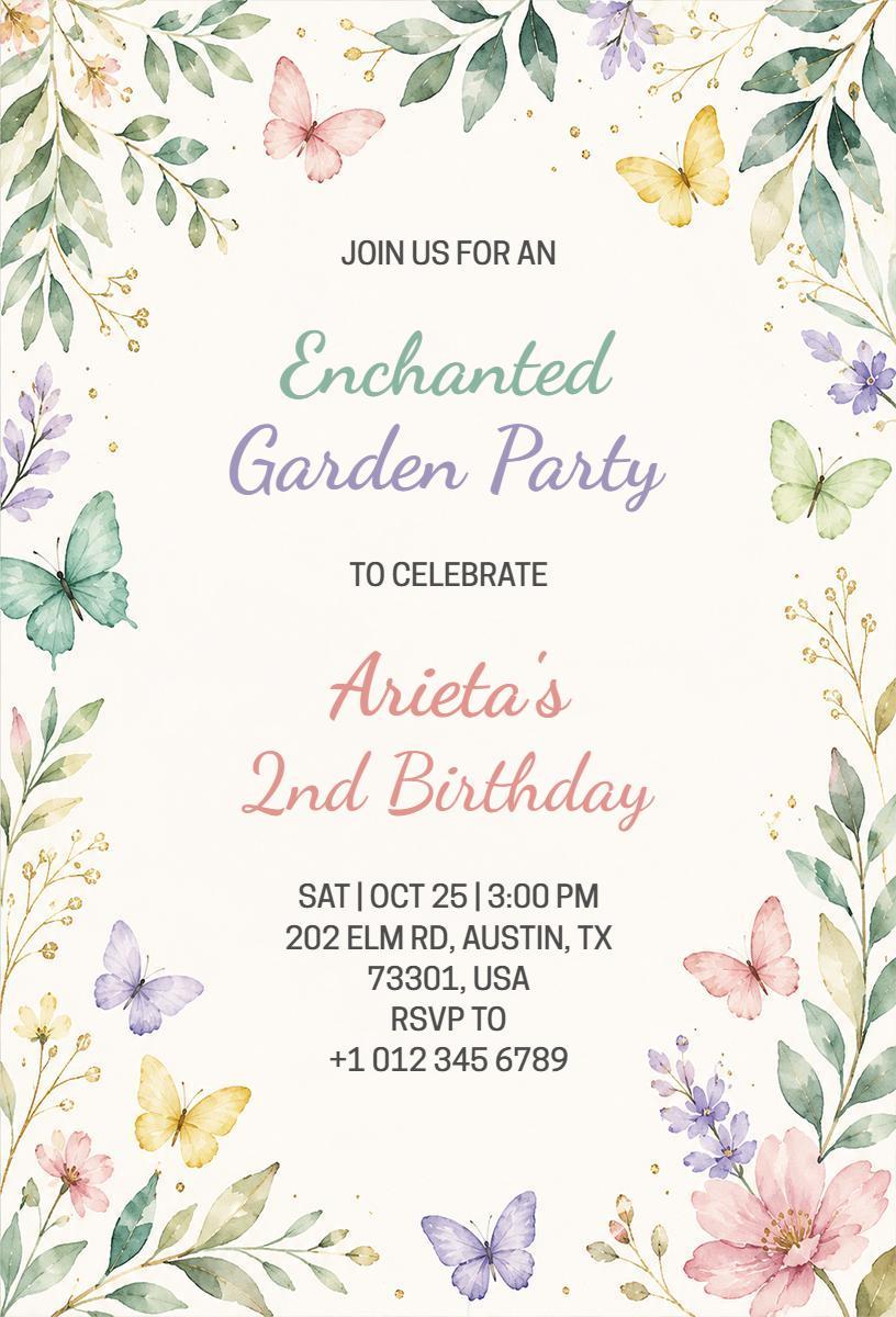 Charming Butterfly Enchanted Garden Birthday Invitation Template
