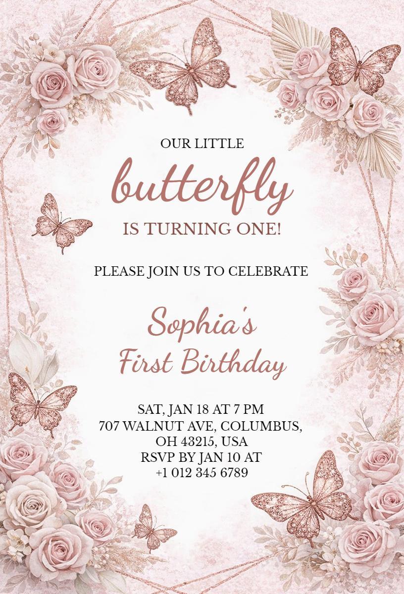 Charming Butterfly First Birthday Celebration Invitation Template