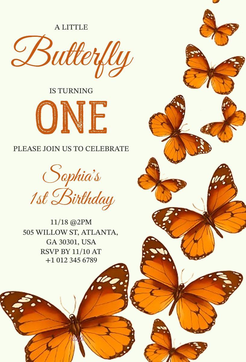 Charming Butterfly One Year Birthday Celebration Invitation Template