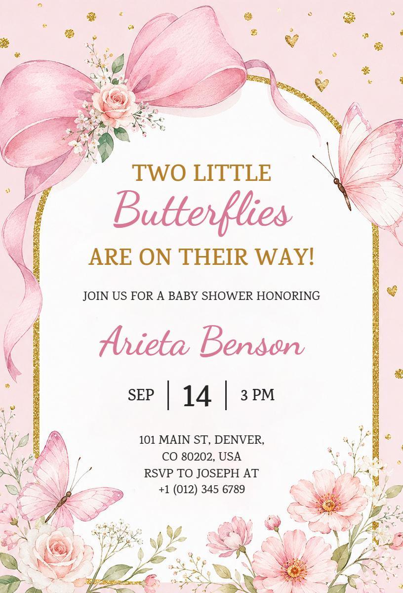 Charming Butterfly Pink Floral Baby Shower Invitation Template