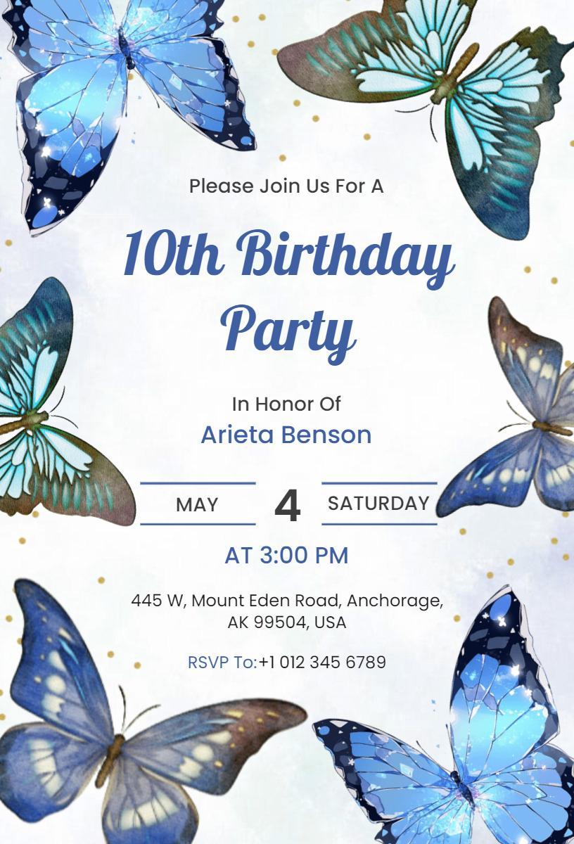 Charming Butterfly Theme 10th Birthday Celebration Invitation Template