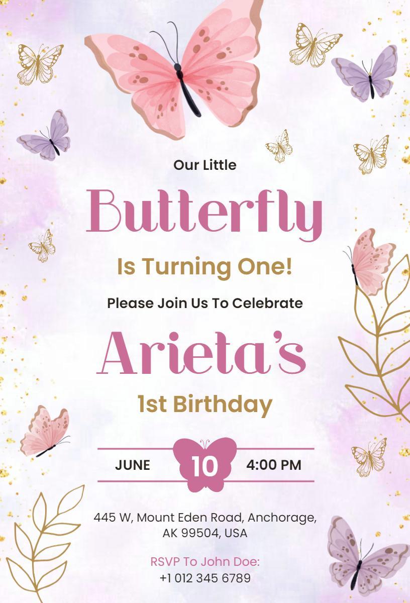 Charming Butterfly Theme First Birthday Celebration Invitation Template