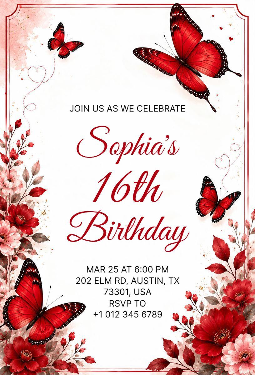 Charming Butterfly Themed 16th Birthday Celebration Invitation Template