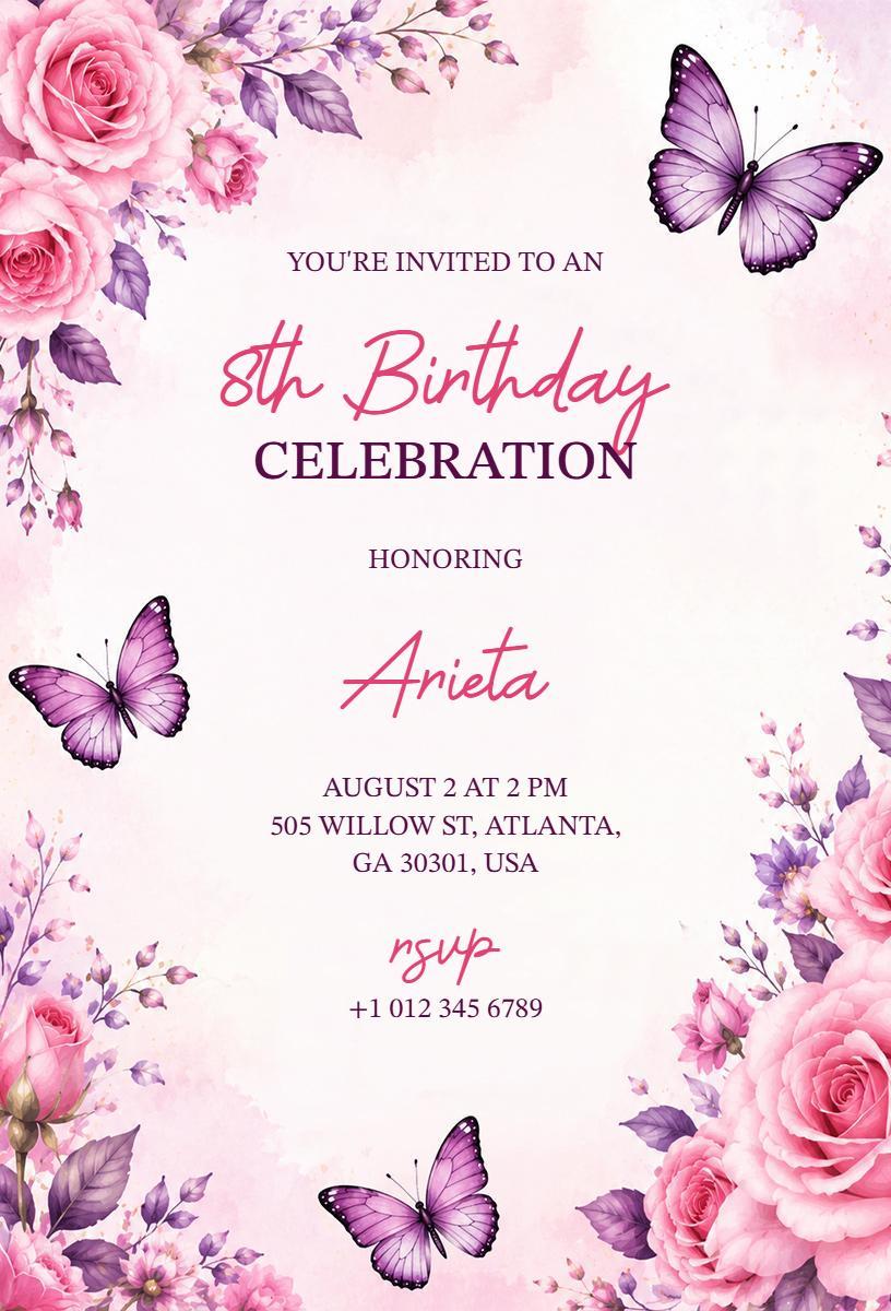 Charming Butterfly Themed 8th Birthday Celebration Invitation Template