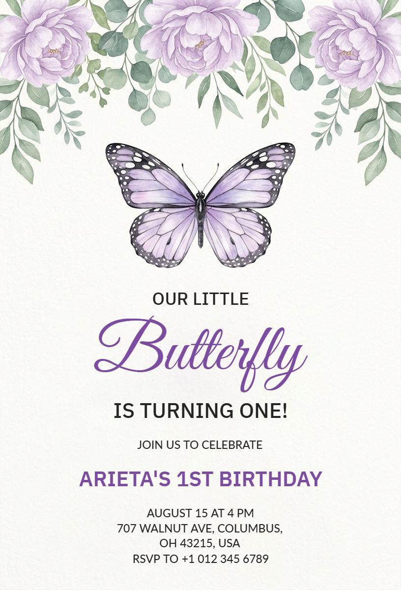 Charming Butterfly-Themed First Birthday Celebration Invitation Template
