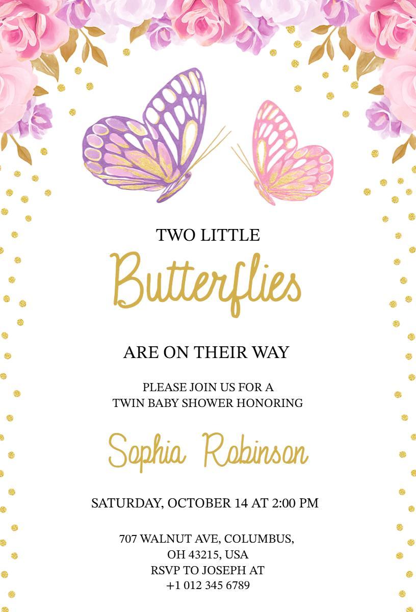 Charming Butterfly Twin Baby Shower Celebration Invitation Template