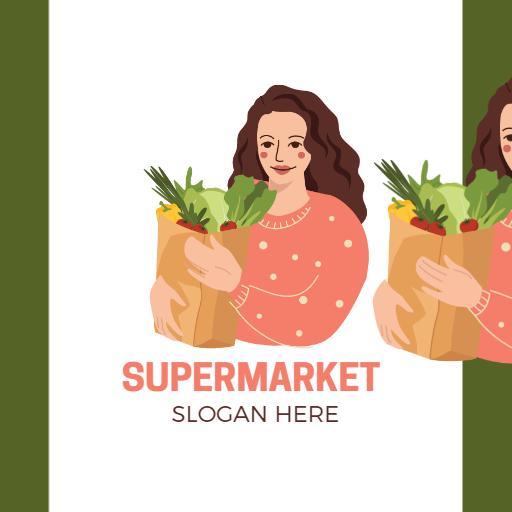 Charming Cartoon Woman Holding Fresh Produce in Supermarket Logo Template