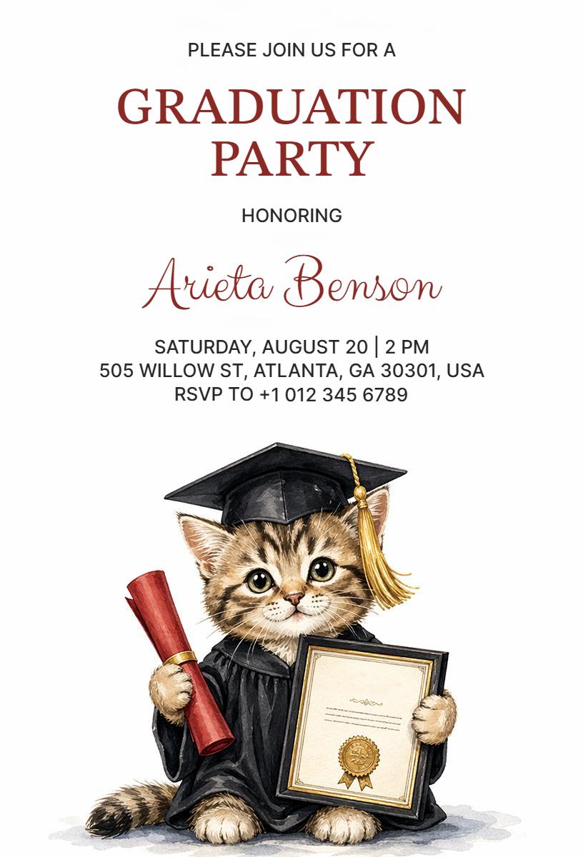 Charming Cat Graduate Celebration Graduation Invitation Template