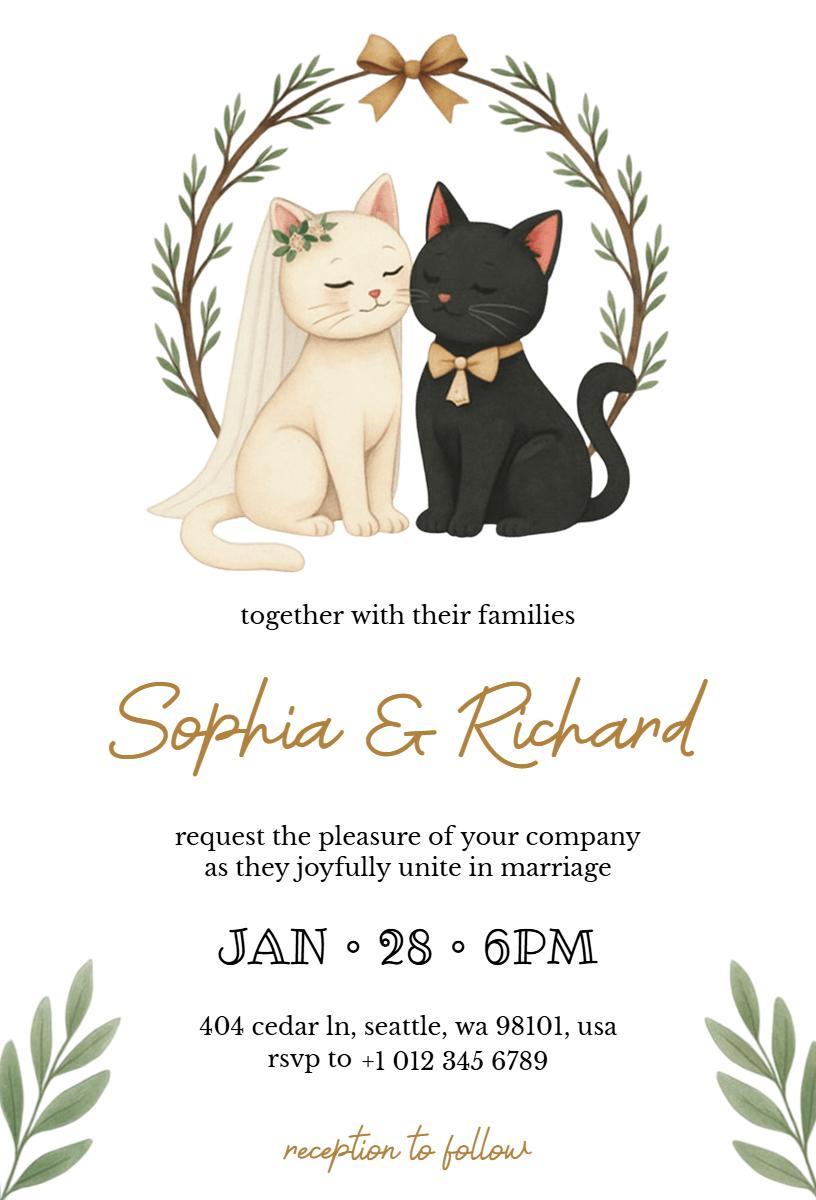 Charming Cat-Themed Wedding Ceremony Invitation Template