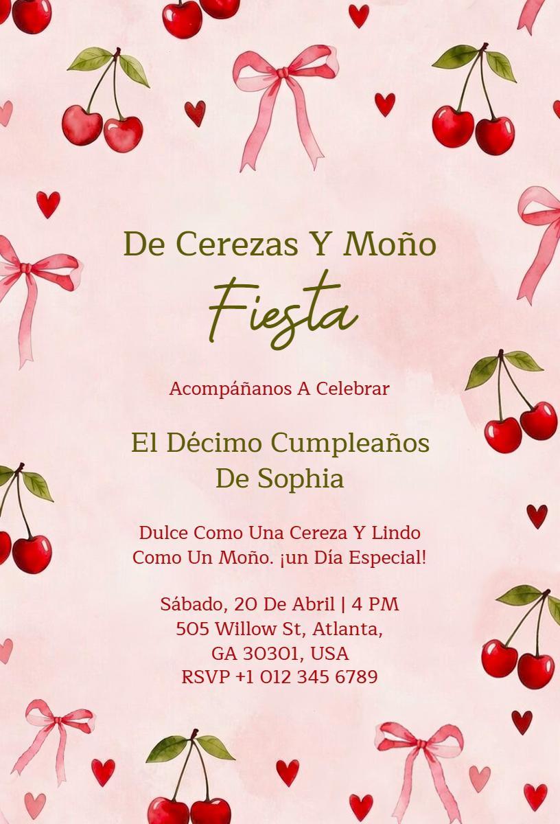 Charming Cherry Pink 10th Birthday Celebration Invitation Template