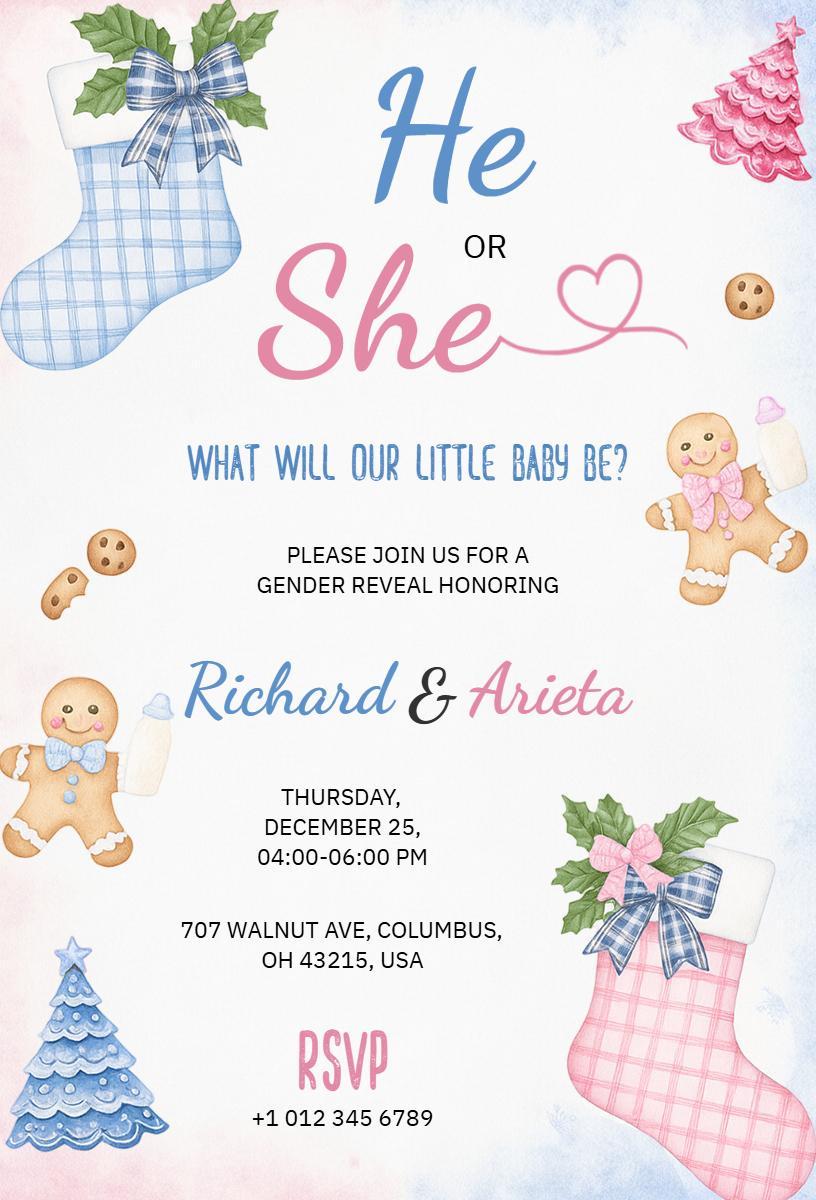 Charming Christmas Themed Gender Reveal Celebration Invitation Template