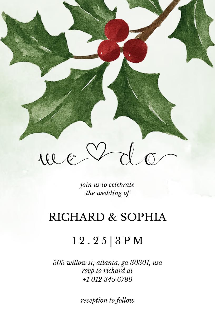 Charming Christmas Wedding Celebration Holly Invitation Template