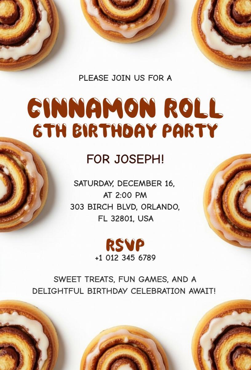 Charming Cinnamon Roll 6th Birthday Celebration Invitation Template