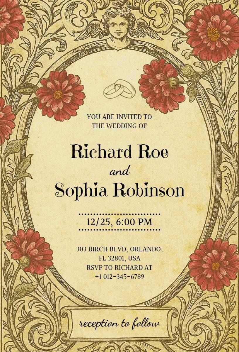 Charming Classic Vintage Floral Wedding Celebration Invitation Template