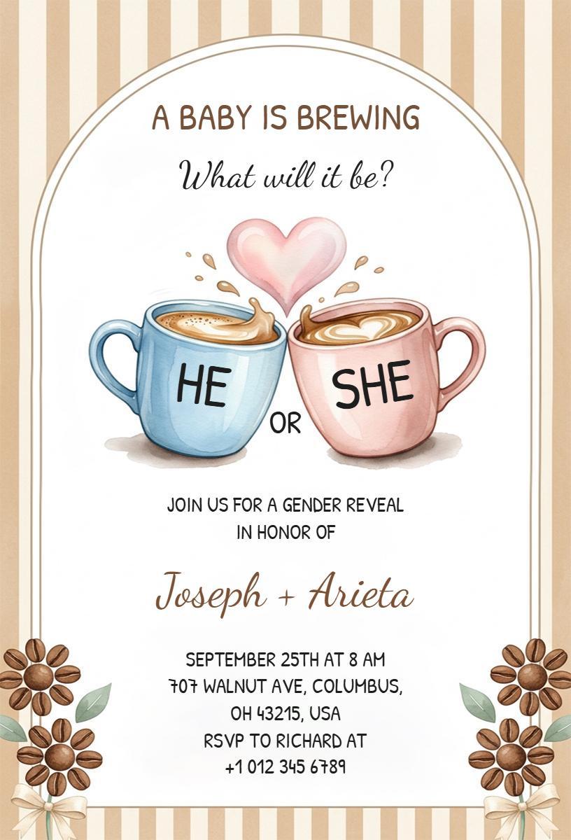 Charming Coffee Mug Gender Reveal Celebration Invitation Template