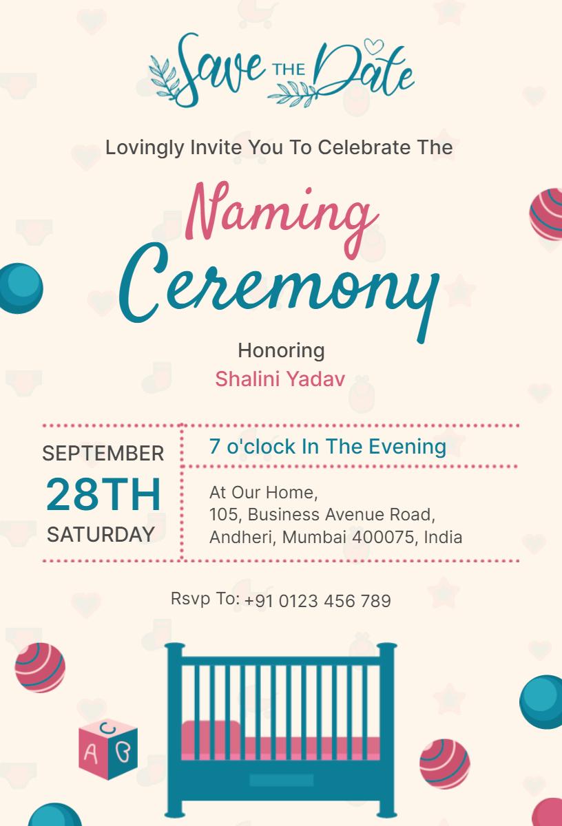 Charming Colorful Baby Naming Ceremony Invitation Template
