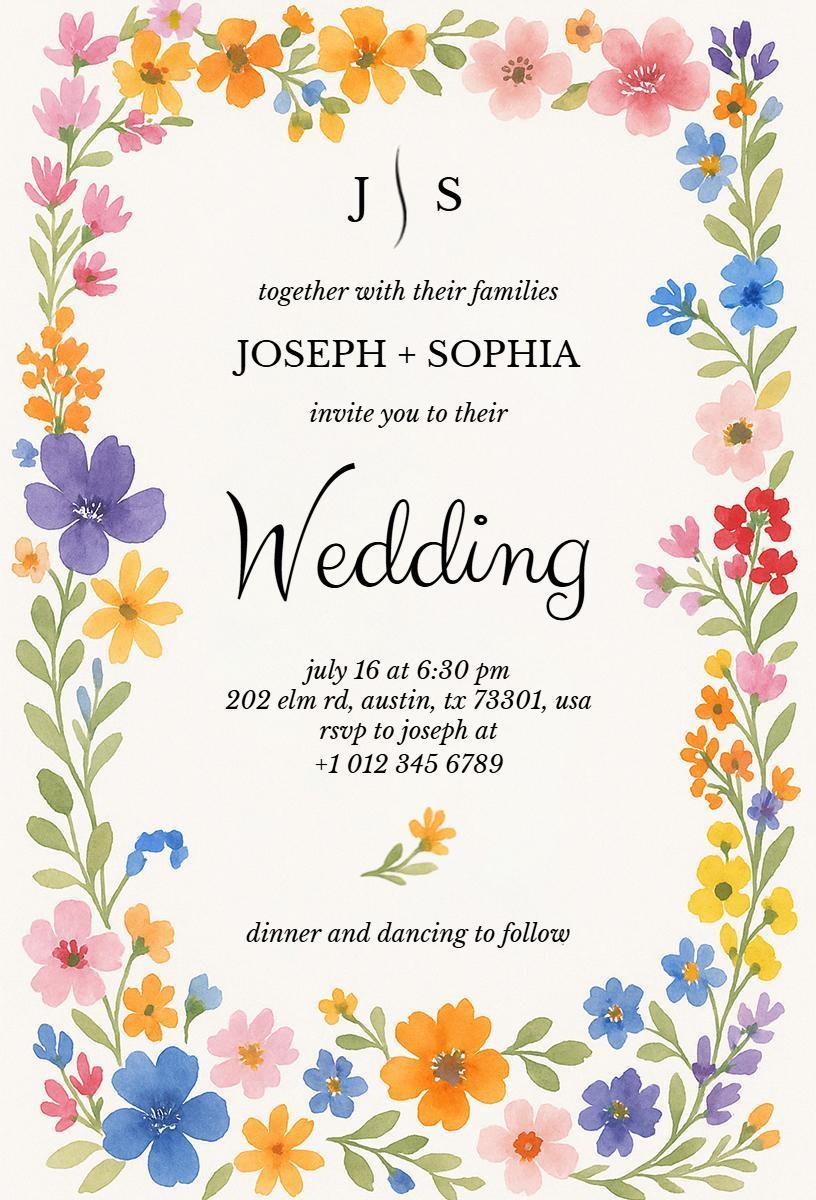 Charming Colorful Floral Wedding Celebration Invitation Template