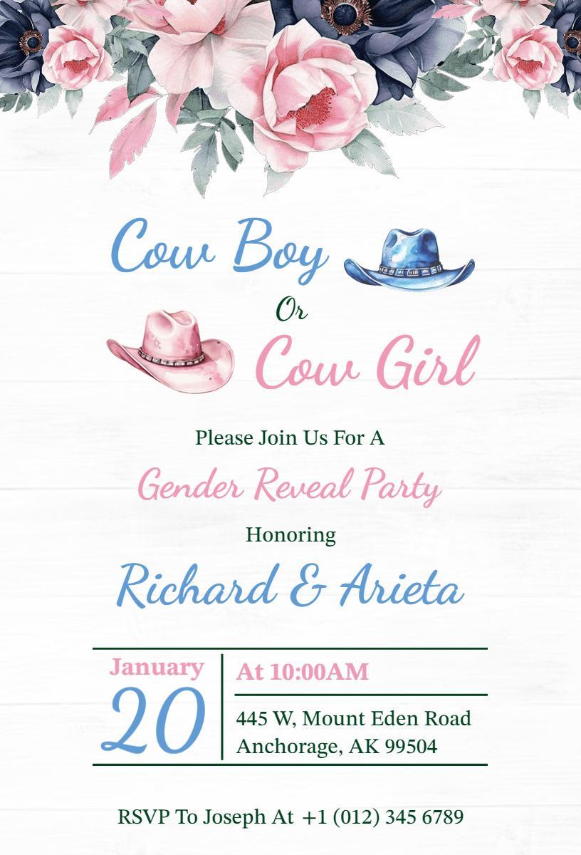 Charming Cowboy Cowgirl Gender Reveal Party Invitation Template