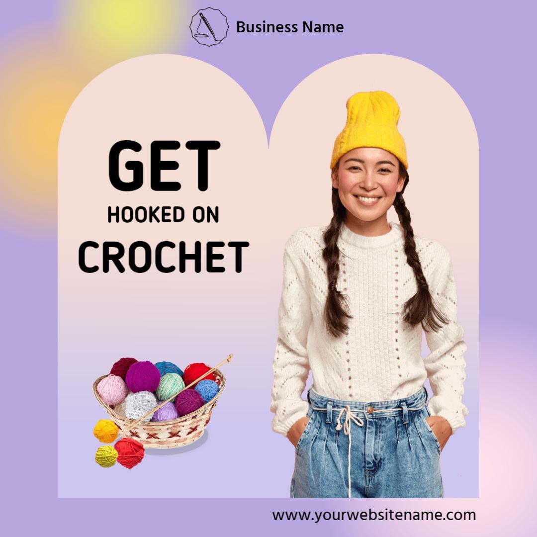 Charming Crochet Enthusiast with Colorful Yarn Basket Ad Template