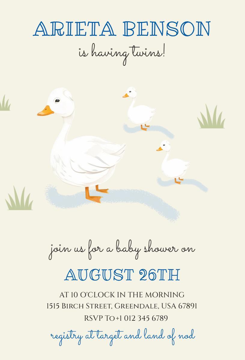 Charming Duckling Twins Celebration Baby Shower Invitation Template