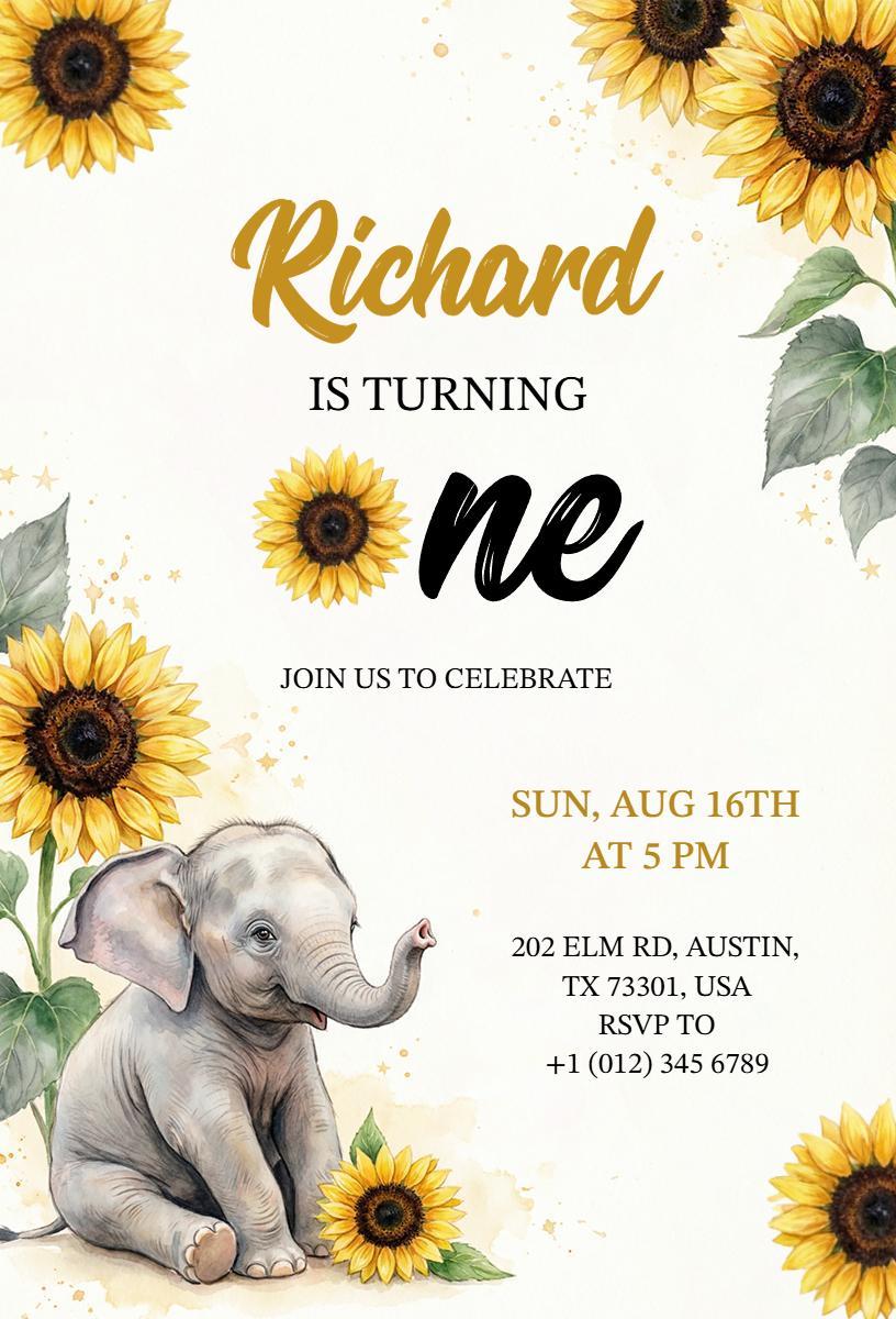 Charming Elephant Sunflower 1st Birthday Celebration Invitation Template