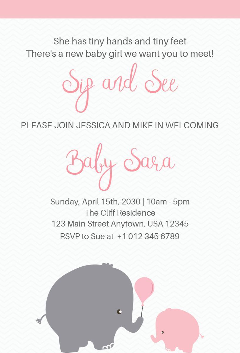 Charming Elephant Theme Sip & See Baby Celebration Invitation Template