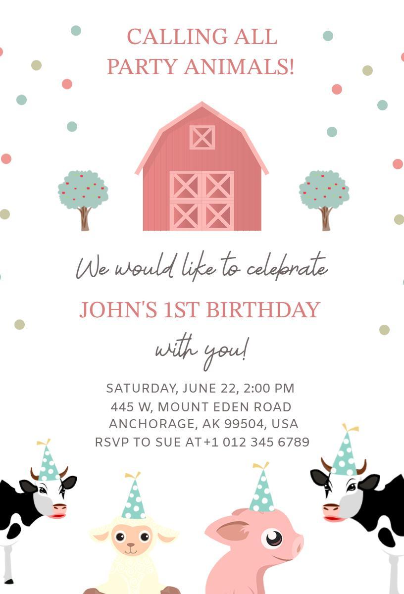 Charming Farm Animal Theme 1st Birthday Celebration Invitation Template