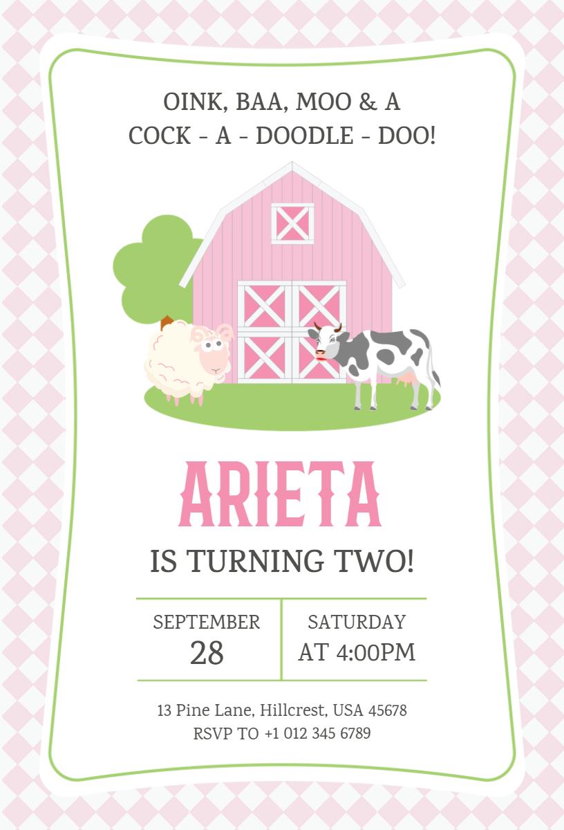 Charming Farm Animal Theme Birthday Celebration Invitation Template