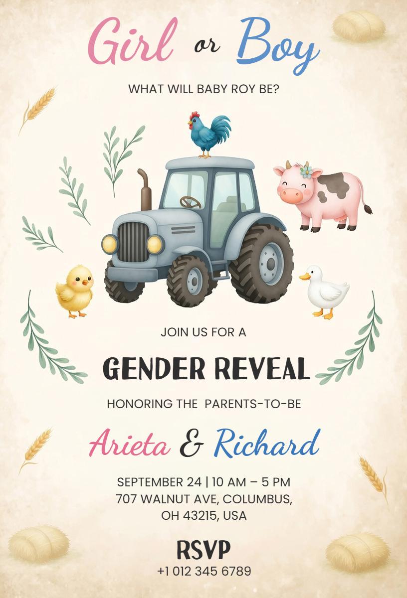 Charming Farm Animal Theme Gender Reveal Invitation Template