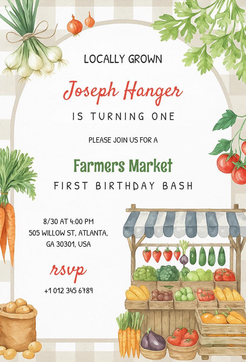 Charming Farmer's Market 1st Birthday Celebration Invitation Template