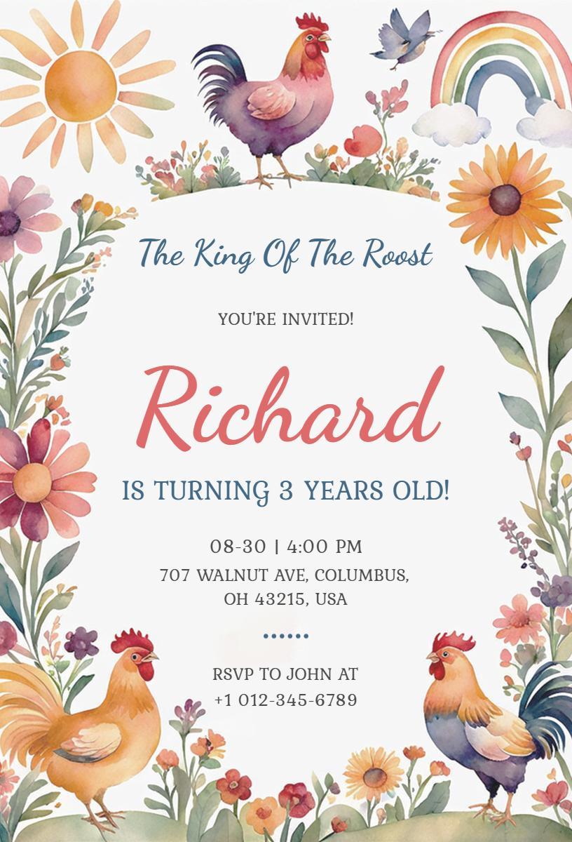 Charming Farmyard Rooster Colorful Birthday Invitation Template