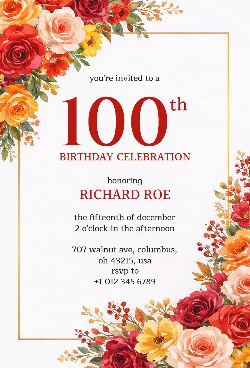 Charming Floral 100th Birthday Celebration Invitation Template