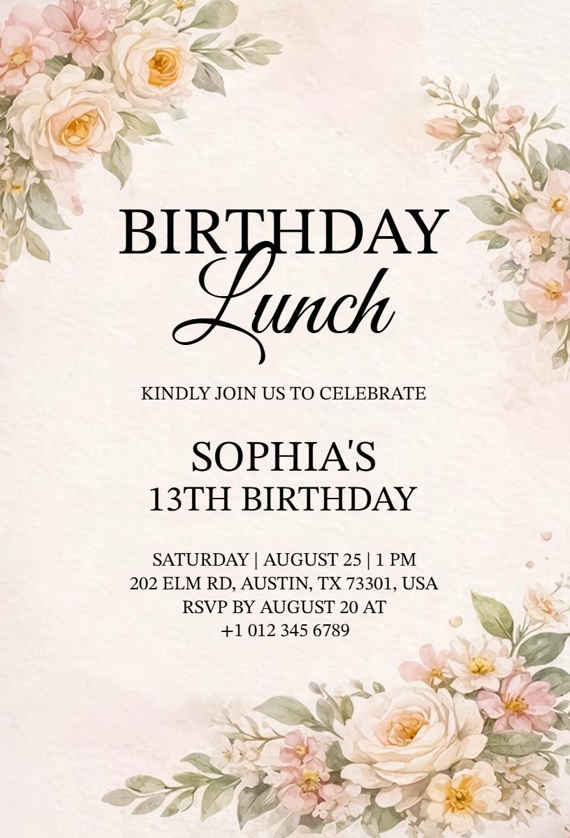 Charming Floral 13th Birthday Lunch Celebration Invitation Template