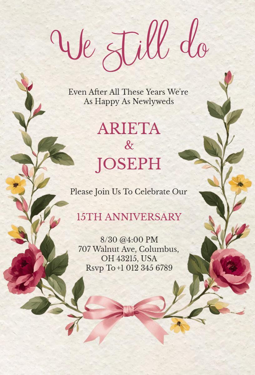 Charming Floral 15th Wedding Anniversary Celebration Invitation Template