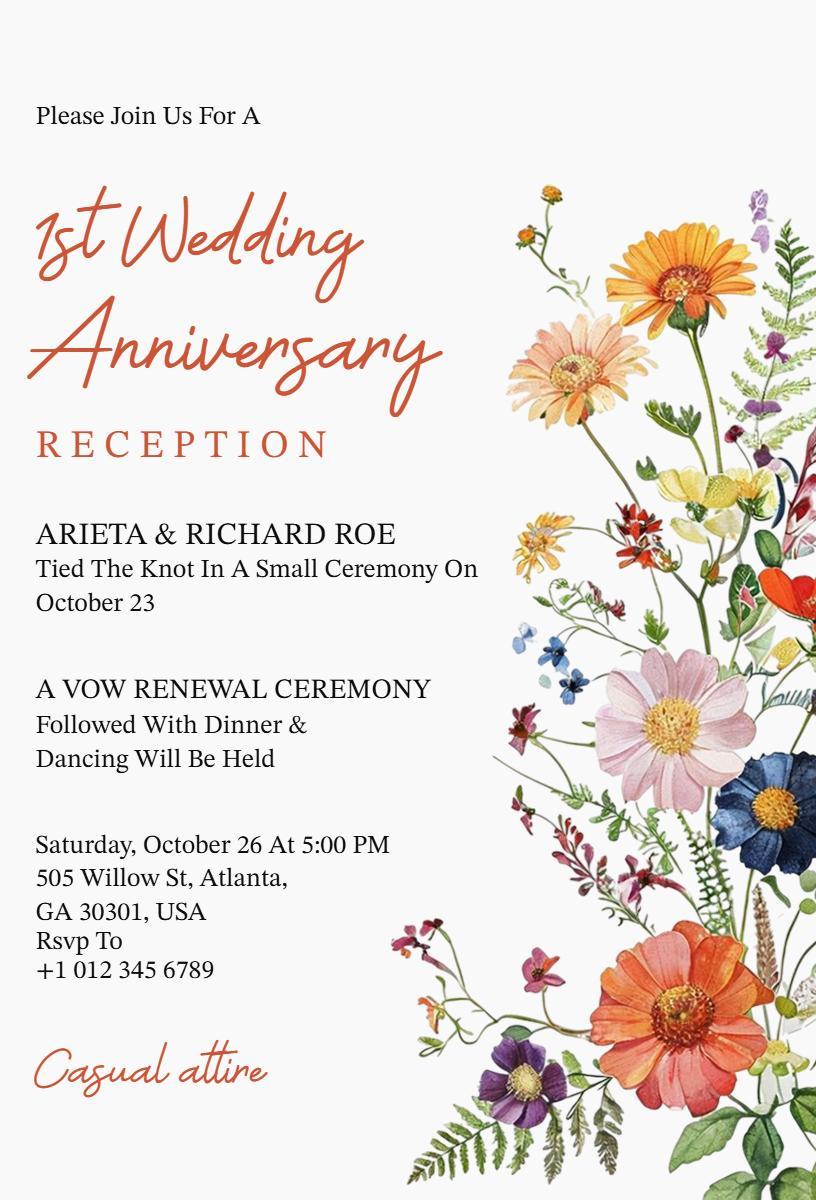 Charming Floral 1st Wedding Anniversary Reception Invitation Template